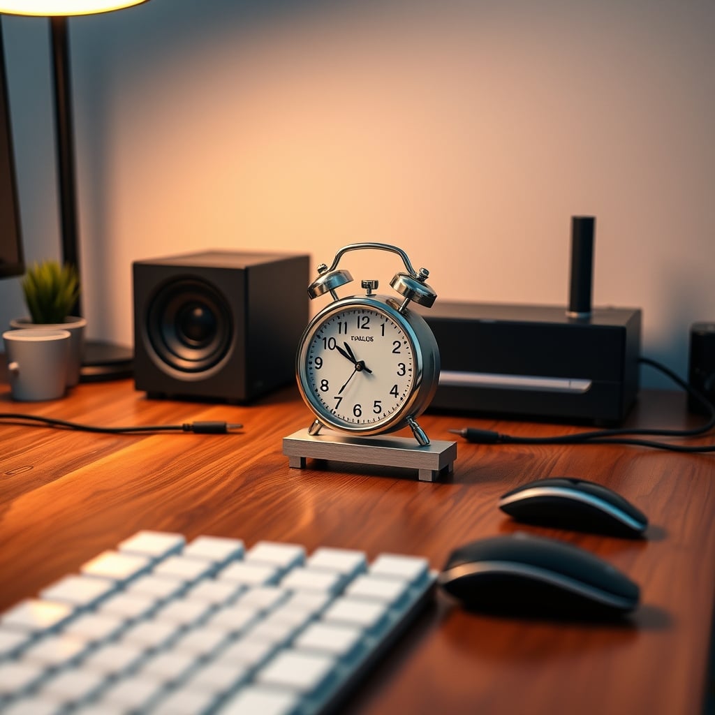 A lone, simple analog clock on a clean, empty wooden desk.