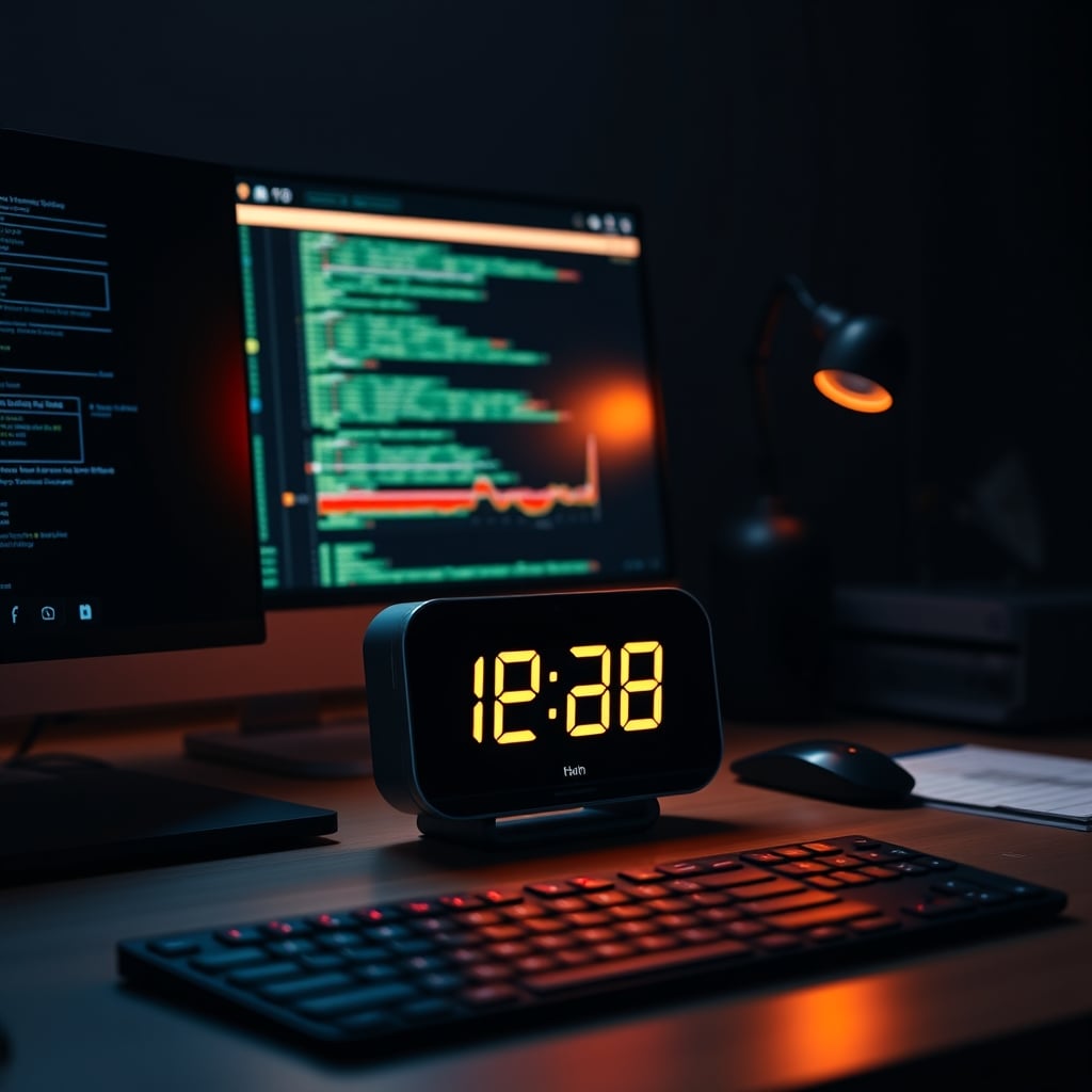 A smart clock glowing ominously on a dark desk, symbolizing constant data collection.