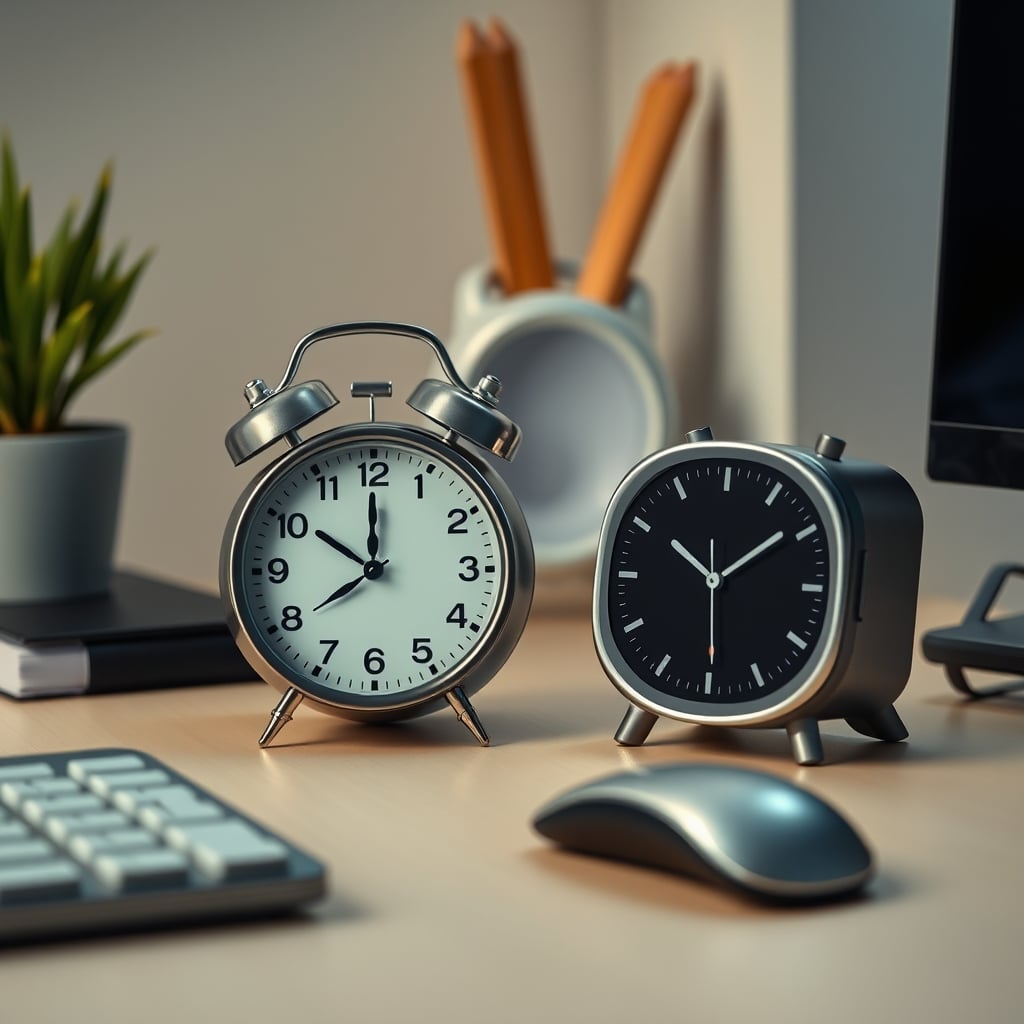 A classic, simple analog alarm clock sitting next to a complicated, screen-covered smart clock.