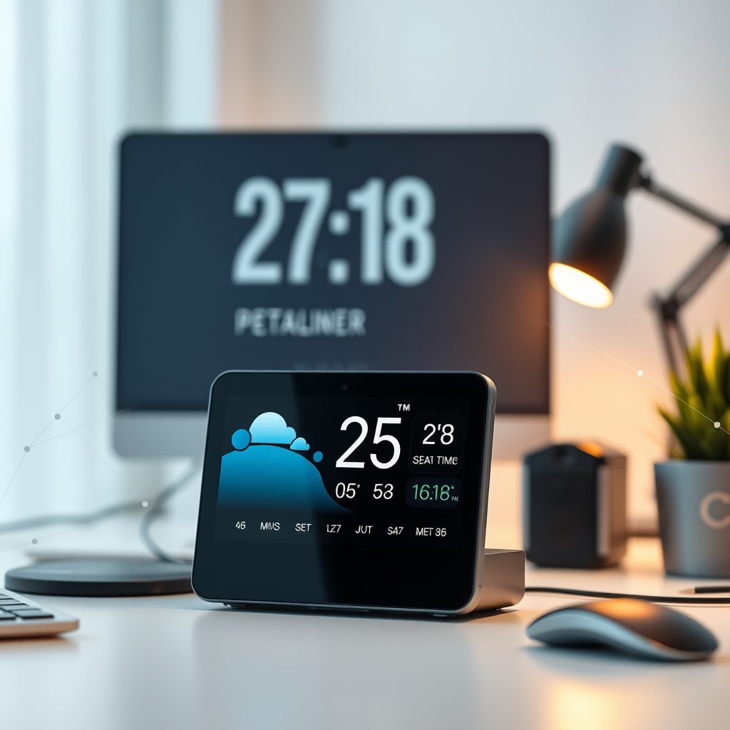 Smart clock showing synchronized time and weather
