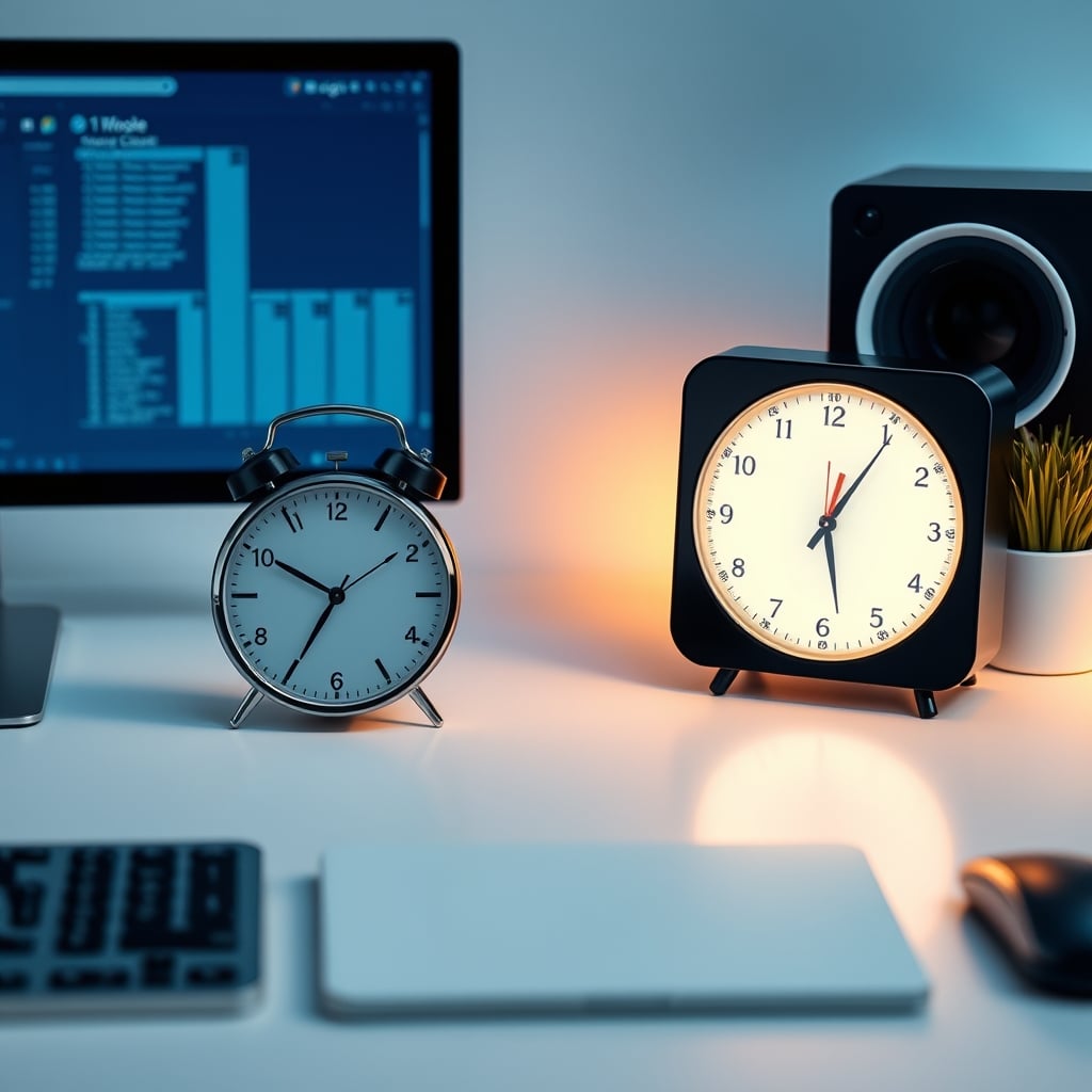 Comparison of a clean desk with an analog clock versus a cluttered desk with a smart clock