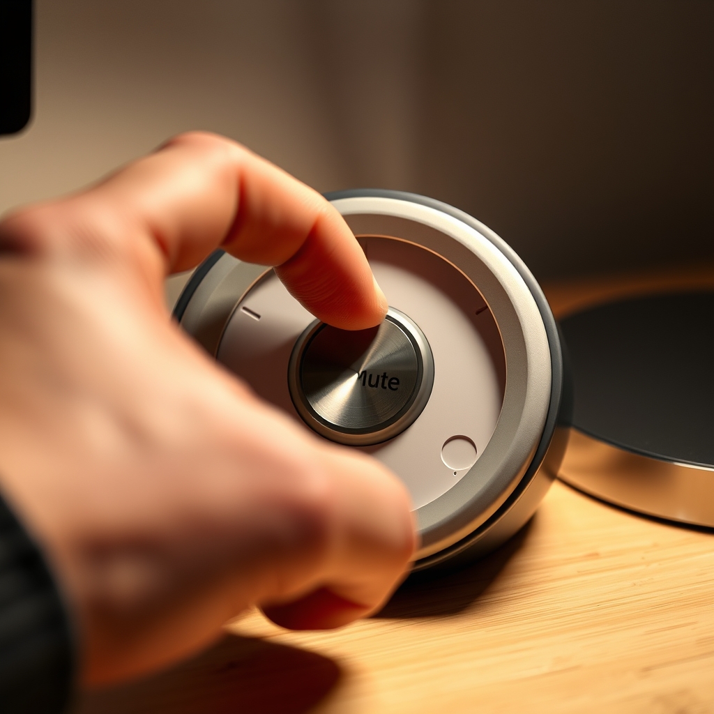 Hand pressing a microphone mute button on a smart clock