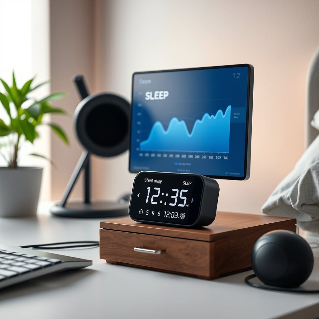 A sleek smart clock displaying a colorful but ultimately fictional sleep stage graph