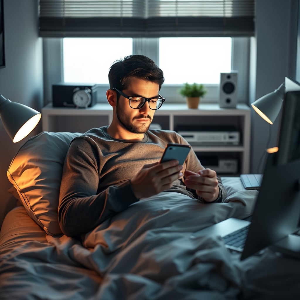 A person in bed looking stressed while checking their sleep score on a phone