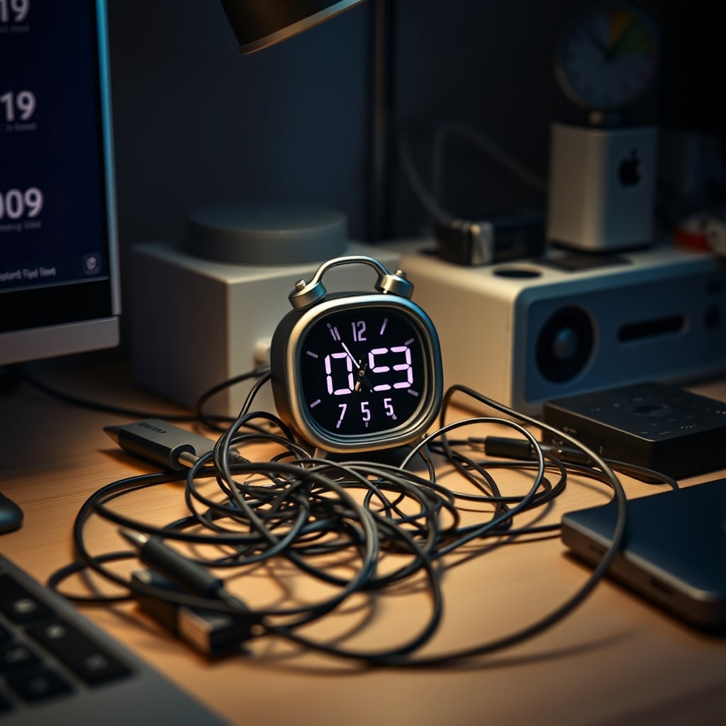 Smart clock with messy cables and complexity behind simple nightstand
