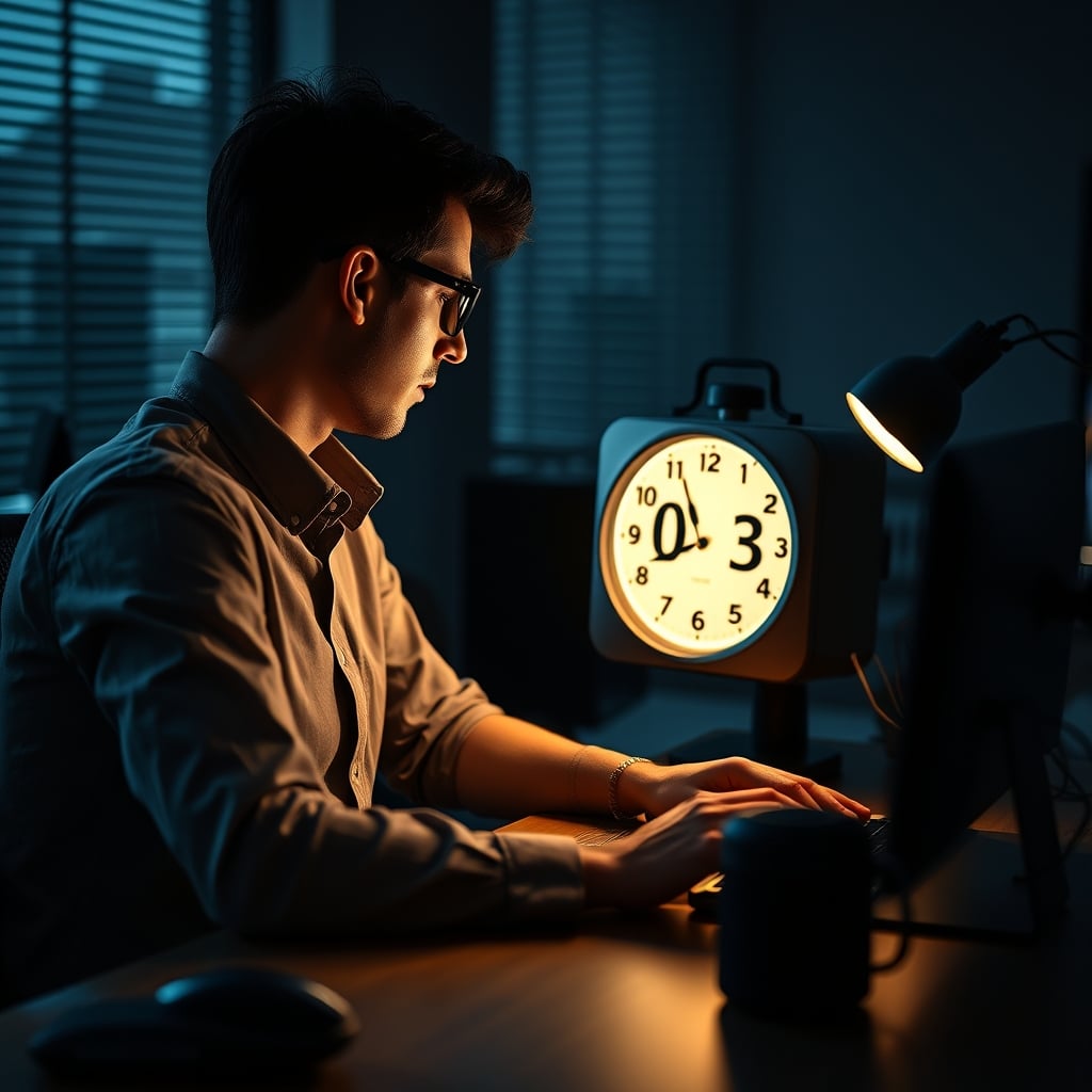 Person frustrated with smart clock showing 3:00 AM in dark bedroom