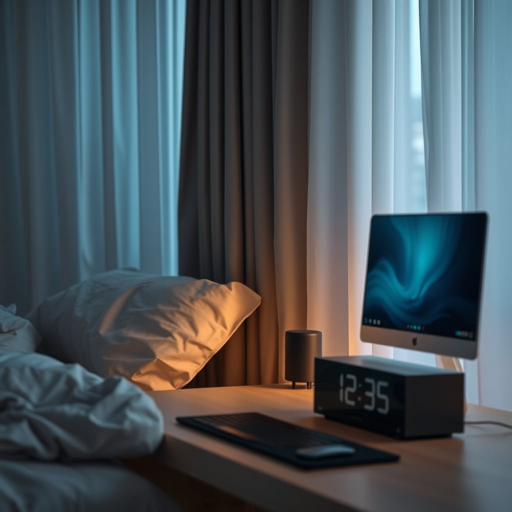 Simple digital clock and blackout curtains in clean bedroom