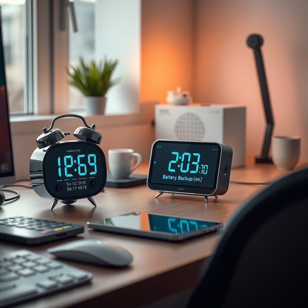 Simple radio controlled alarm clock with battery backup on a nightstand