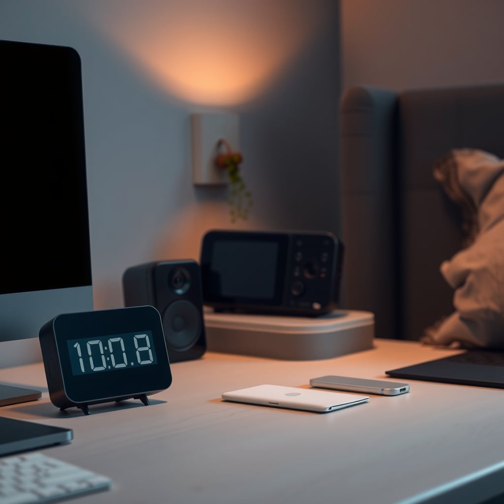 Minimalist bedside smart clock with a dim display on a wooden nightstand in a dark bedroom