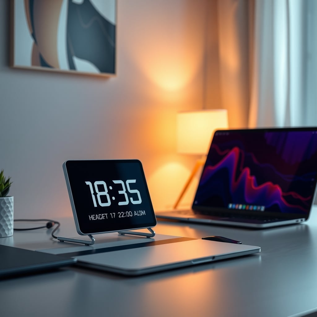 E-ink desk clock displaying time and weather beside a laptop on a home office desk