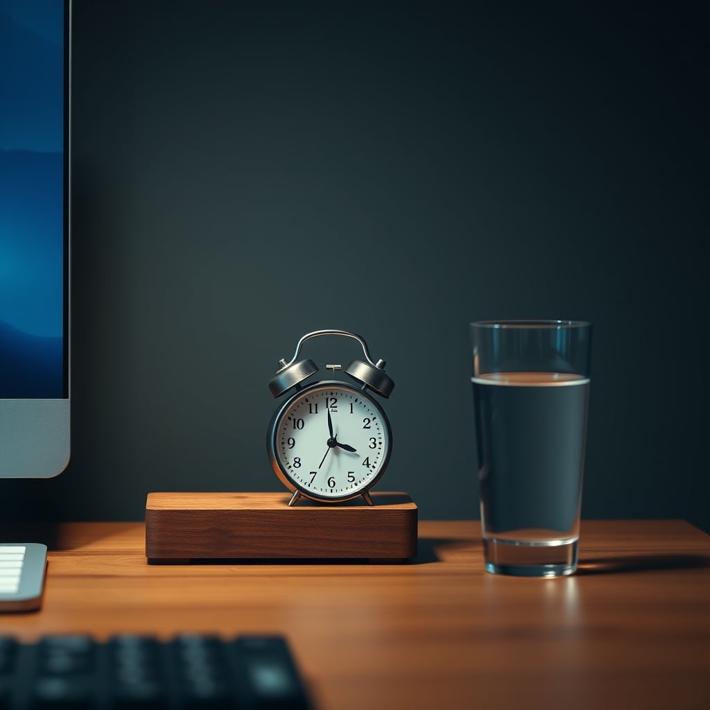 A simple, non-digital analog alarm clock in a dark, serene bedroom setting.