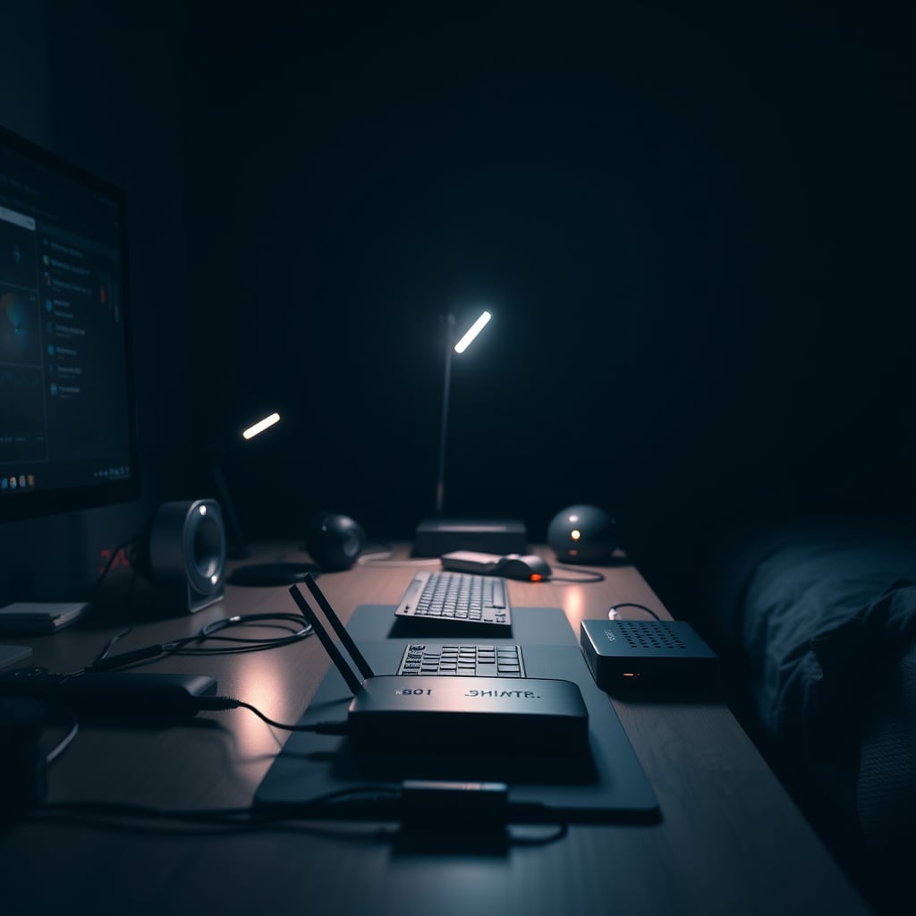 A dark bedroom polluted by the small LED lights from various electronics, showing a common barrier to true sleep-friendly darkness.