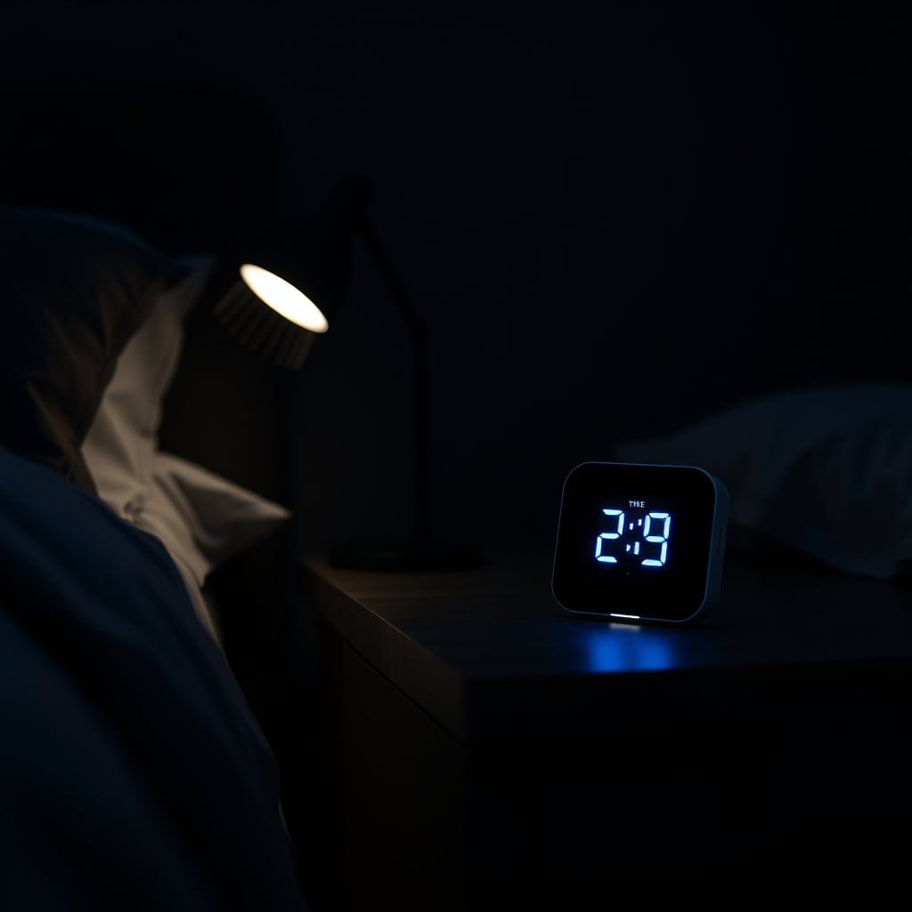 A sleek smart clock emitting a harmful blue glow on a nightstand in a dark room.