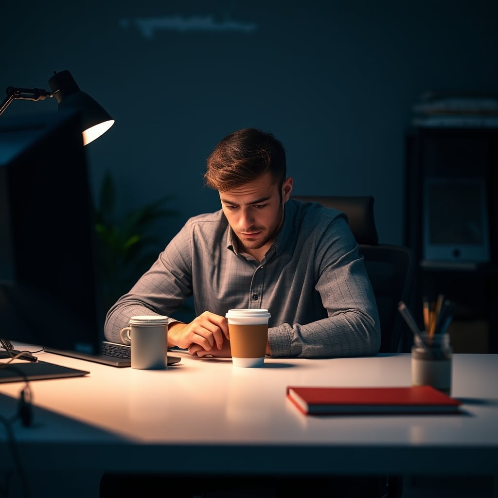 A tired person at their desk in the morning, struggling to focus after poor sleep.