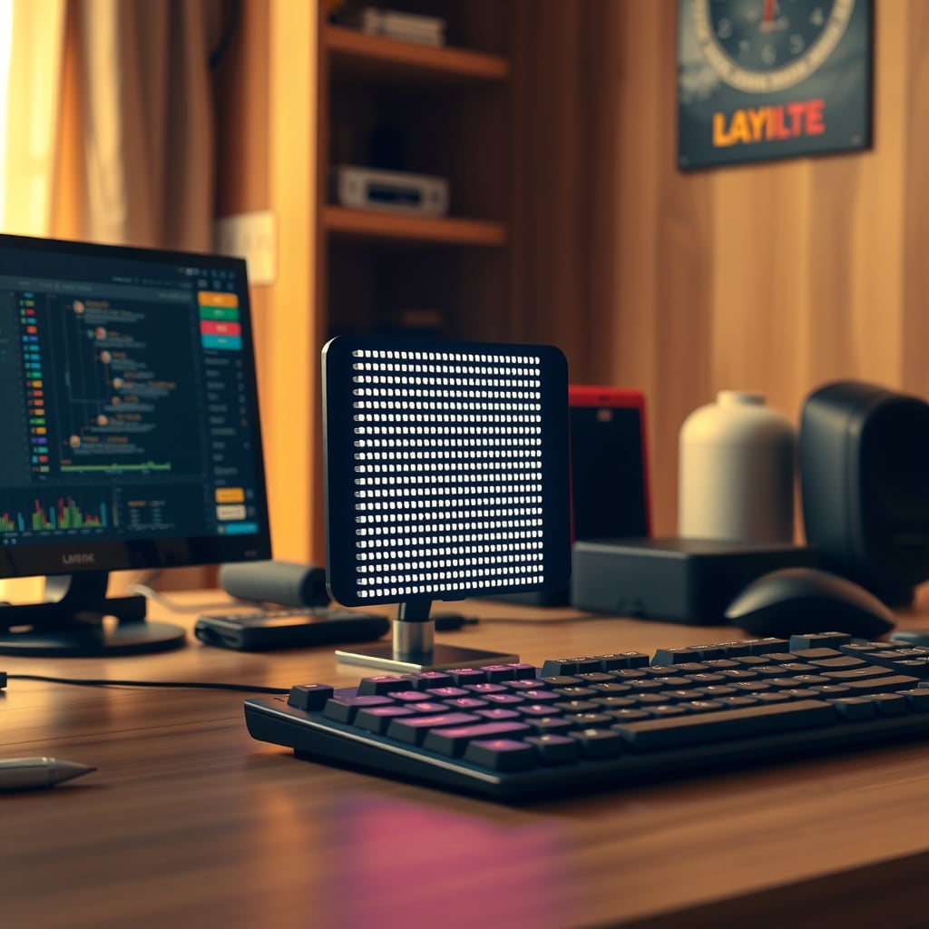 A small square LED matrix pixel display on a desk beside a mechanical keyboard