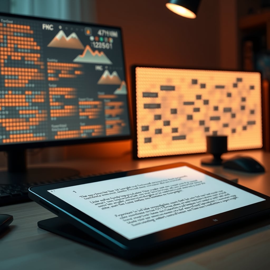 An e-ink desk display showing black text beside a glowing LED matrix panel
