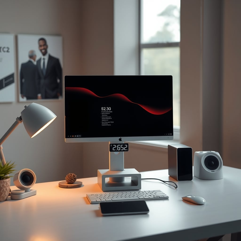 A minimalist desk setup with a small smart info display mounted below the monitor