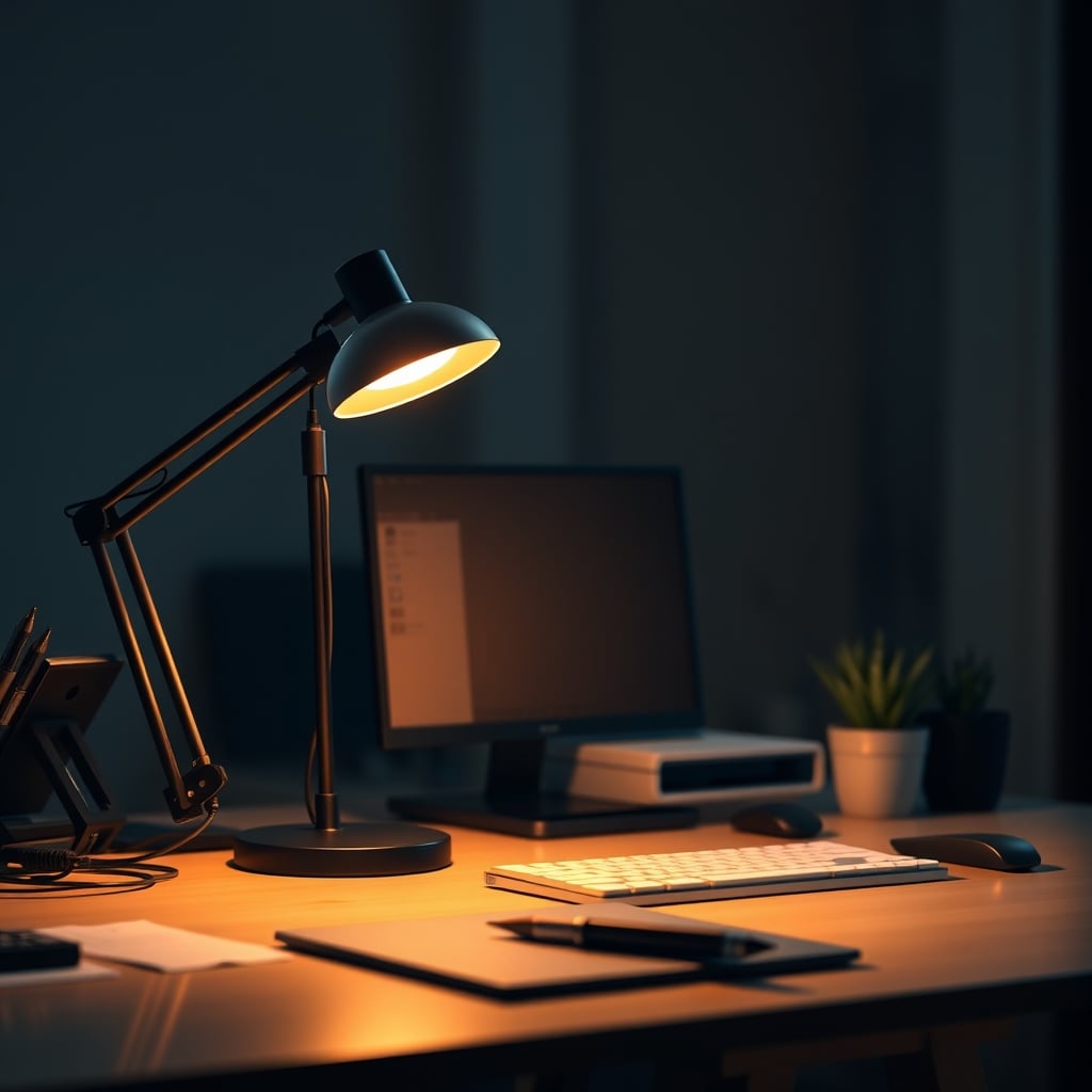 A productive desk setup with focused task lighting and soft ambient fill lighting