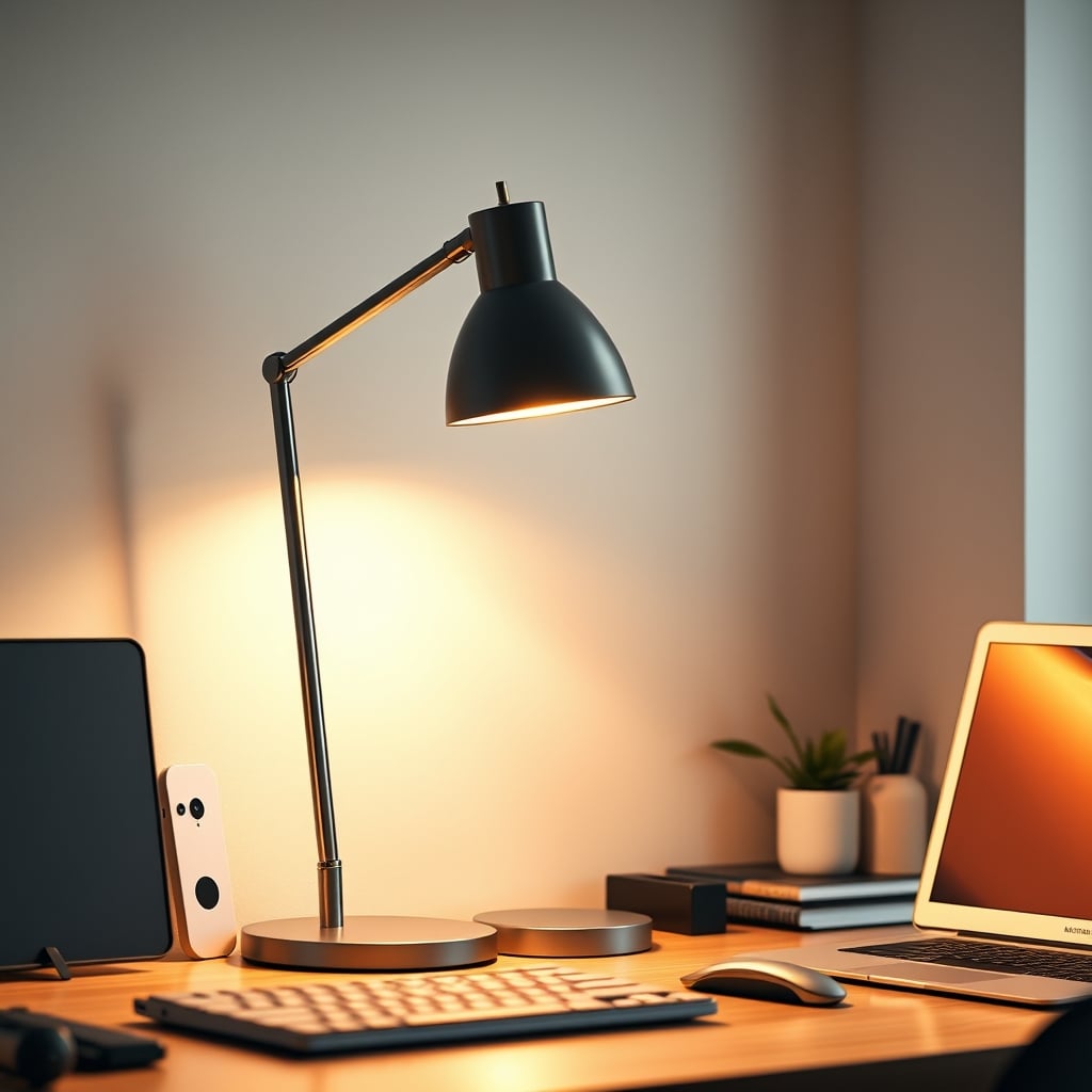 A high-quality non-smart desk lamp providing warm, even illumination on a clean desk
