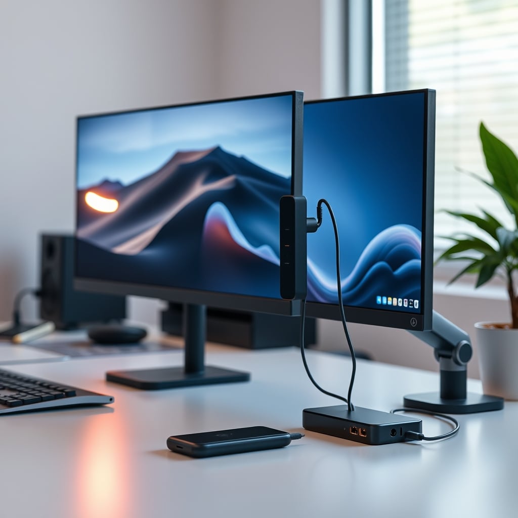 A clean desk with a simple pad, a dedicated wireless charger off to the side, and a USB hub mounted cleanly