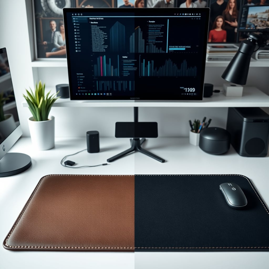 Comparison between a clean, simple leather desk mat and a messy smart desk pad with tangled cables