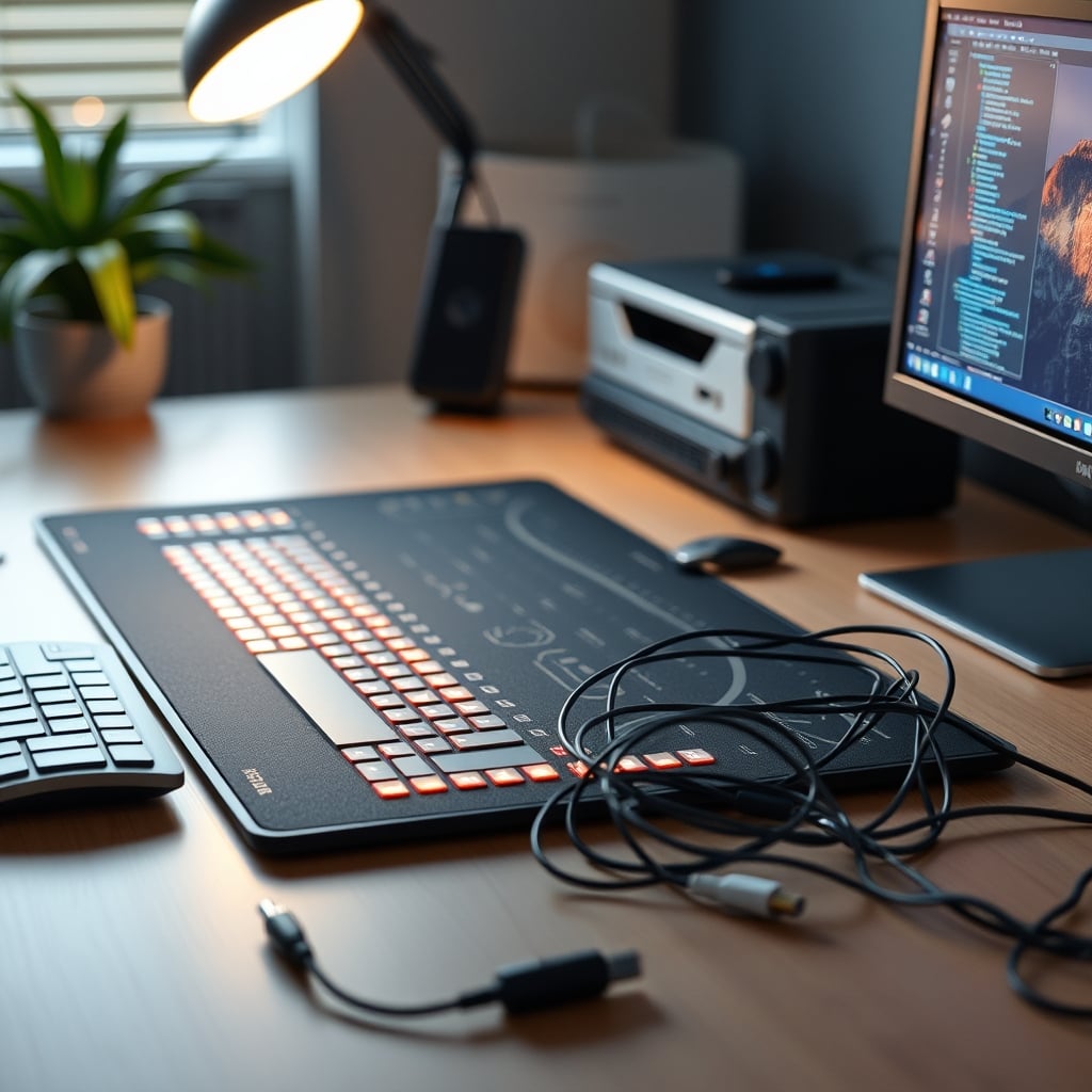 A smart desk pad with RGB lights flickering and cables coming loose, showing common failure points