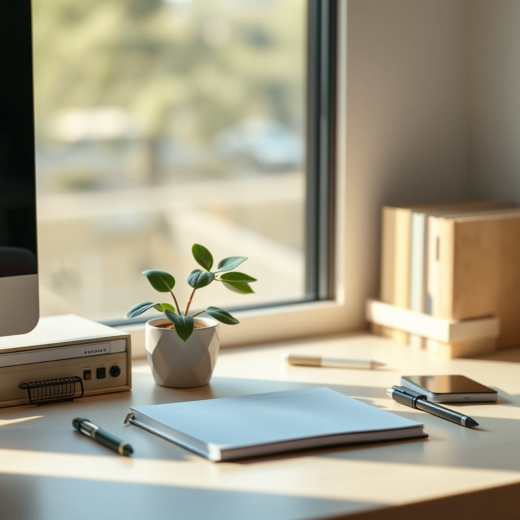 A calm, productive small desk with just a laptop, notebook, and plant on a simple wooden surface.