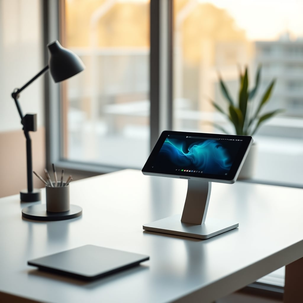 A simple two-button desk control next to a complex smart touchscreen control.
