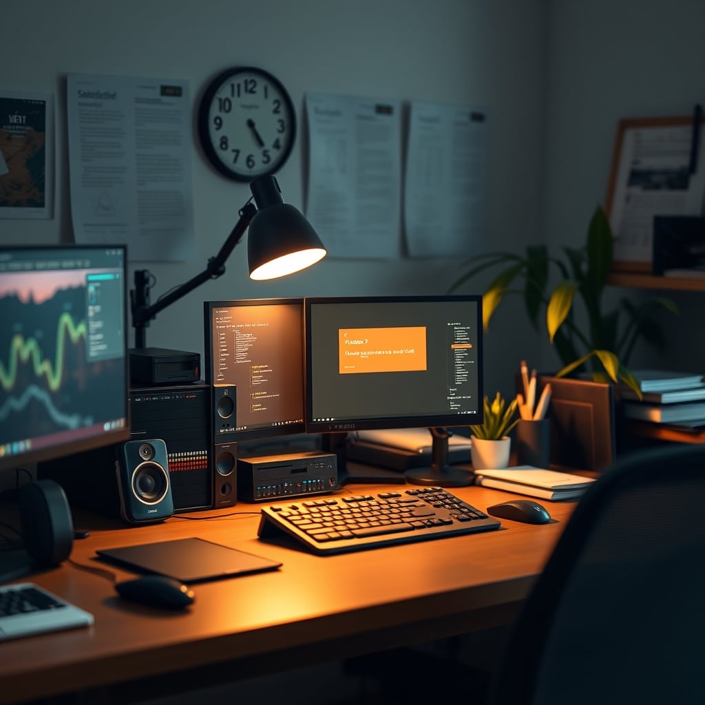 A cluttered small desk with a smart desk control panel displaying a connection error, surrounded by cables.