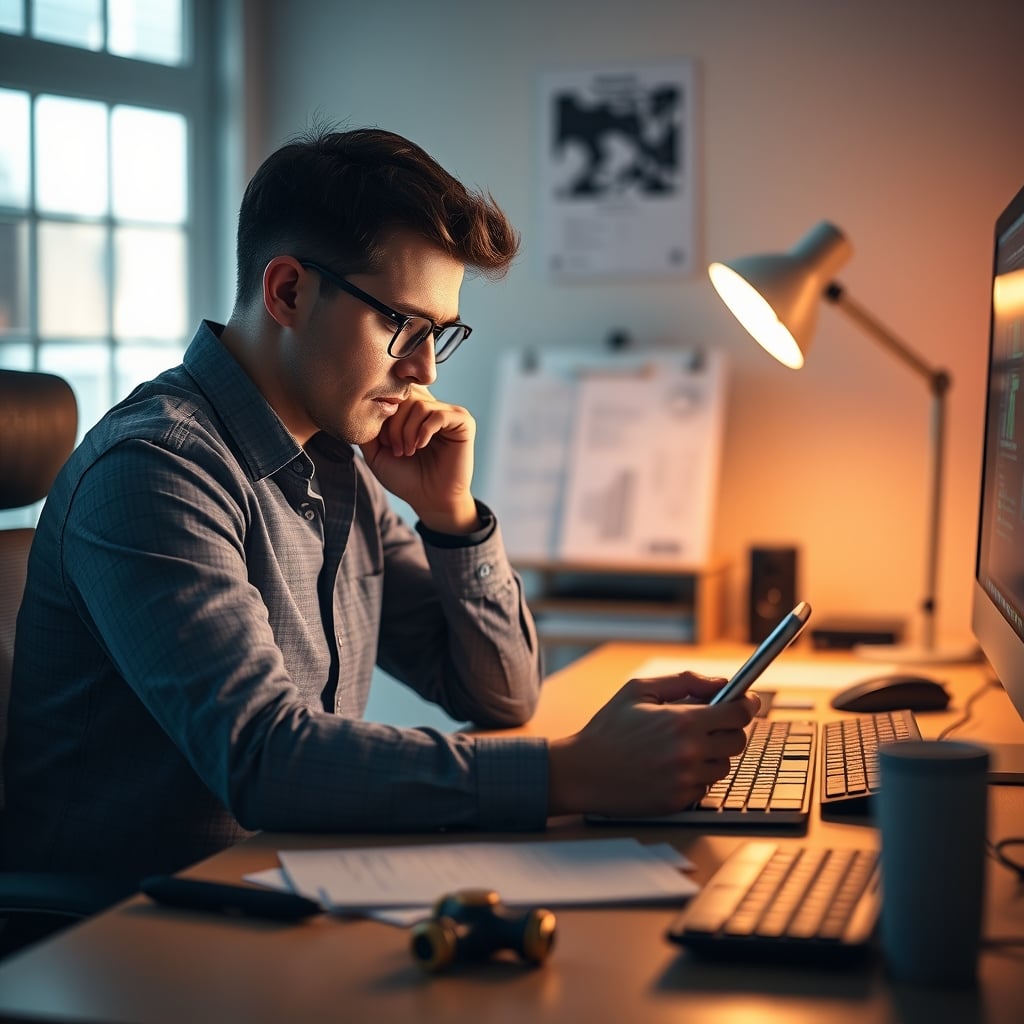 A person at a desk looking annoyed, glancing between a smartphone with a disconnected Bluetooth icon and a fidget spinner.