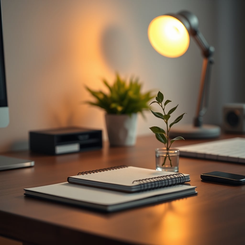 A calm, focused desk with a notebook, a plant, and warm lamp light—no flashy gadgets.