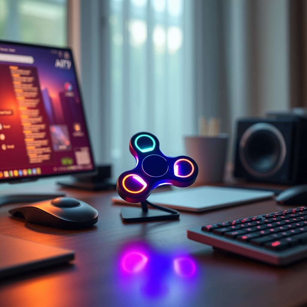 A glossy promotional shot of a smart fidget spinner next to a phone showing a flashy app, representing the overhyped marketing.