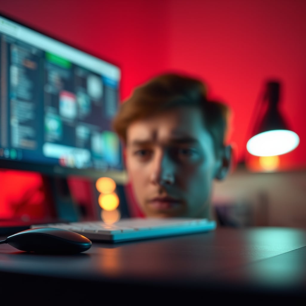 Person with slight eye strain looking at a desk setup with subtly colored smart lights
