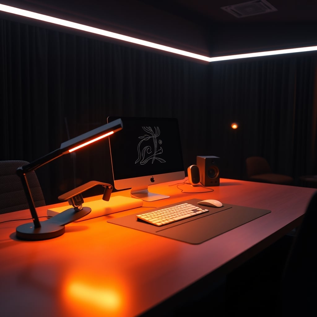 Aesthetic desk setup with warm LED strip lighting
