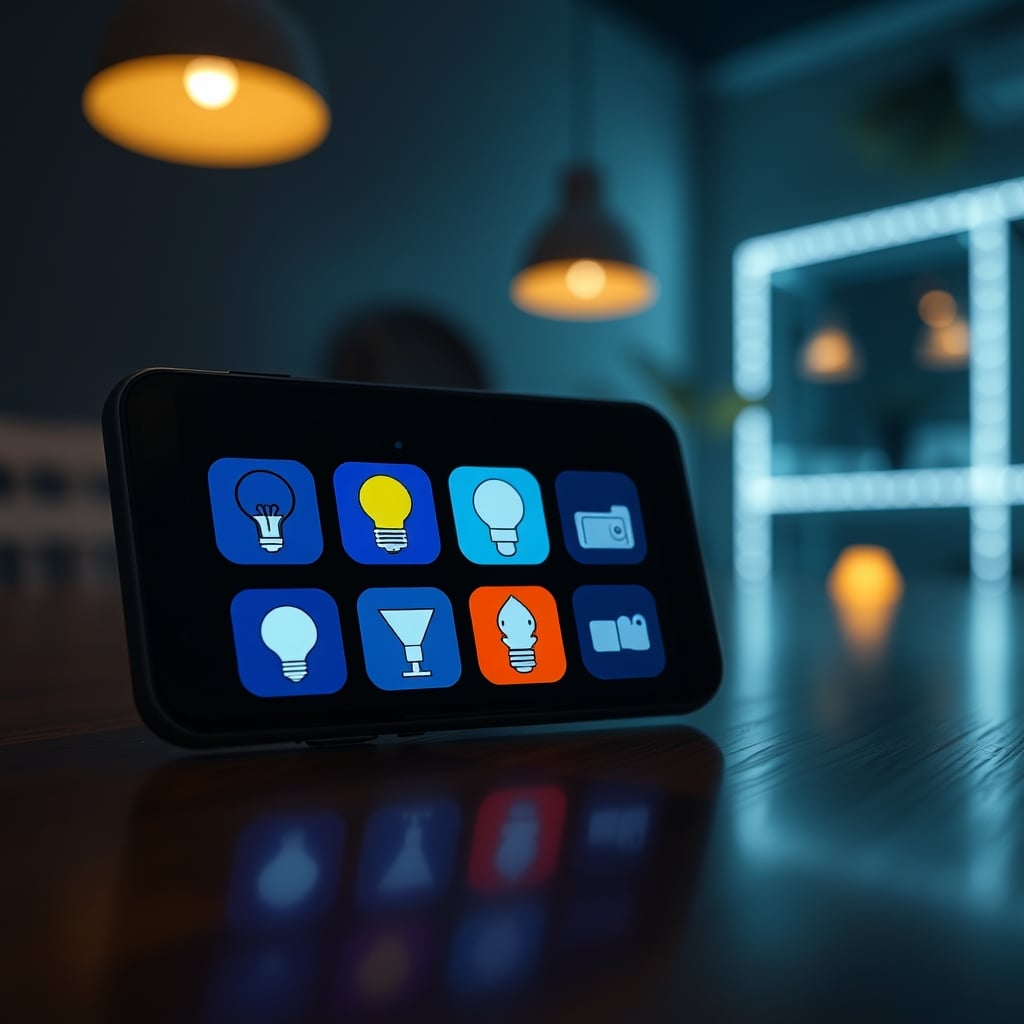 A smartphone home screen overwhelmed with different smart lighting and home control app icons.