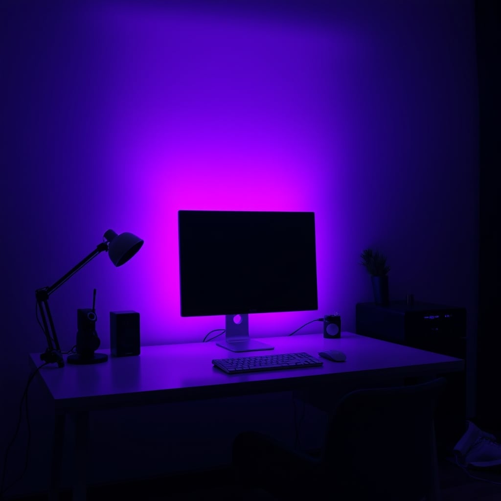 A sleek desk ruined by a smart light strip casting a sickly purple instead of the intended blue, showing color inaccuracy.