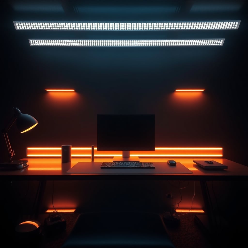A desk setup featuring subtle, layered ambient lighting with diffused light bars and warm/cool tones for a sophisticated look