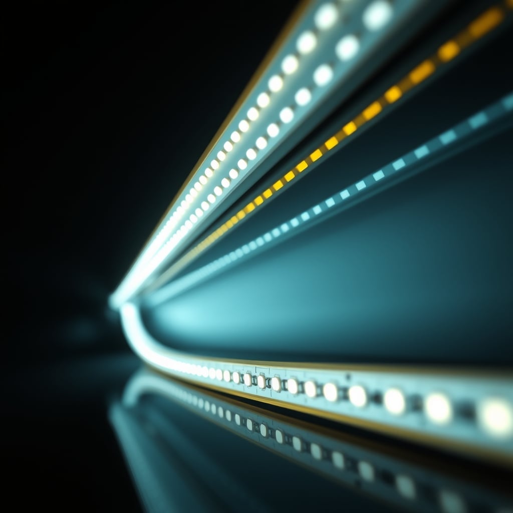 Close-up of a flickering LED strip light at low brightness, highlighting poor quality power delivery and inconsistent light output