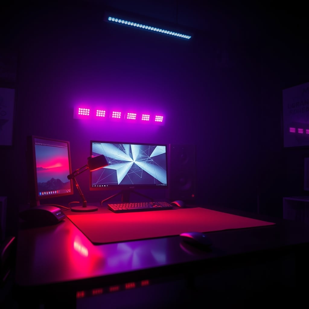 Desk setup with overly bright, clashing RGB lighting, illustrating the pitfalls of excessive smart lights