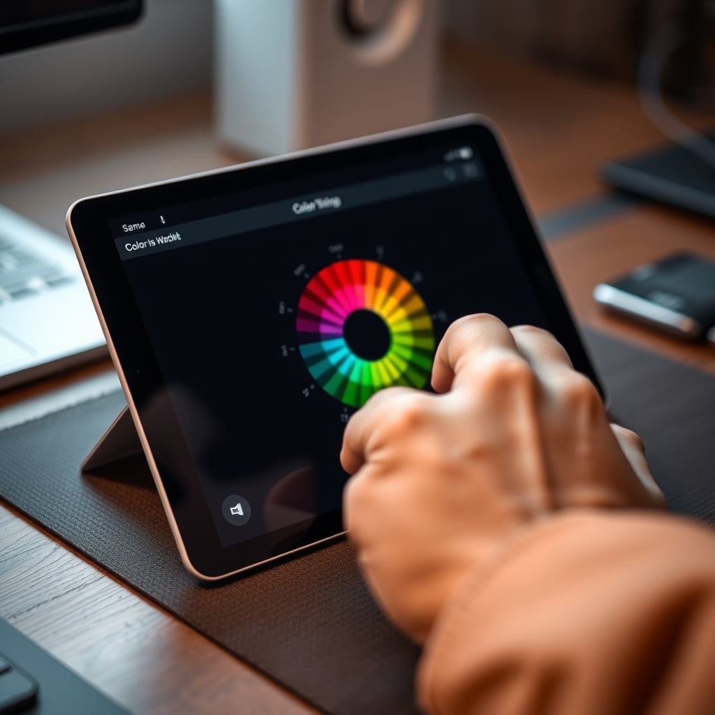 A hand poised in indecision over a tablet screen displaying an overwhelming rainbow color wheel for smart light selection.
