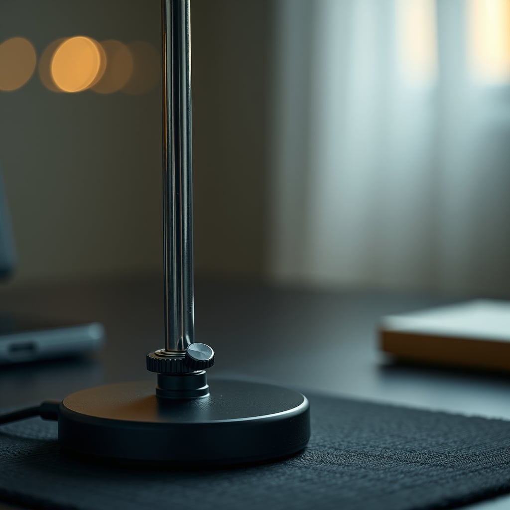 A classic, non-smart desk lamp with a satisfying physical brass dimmer knob, casting a warm, singular pool of light.