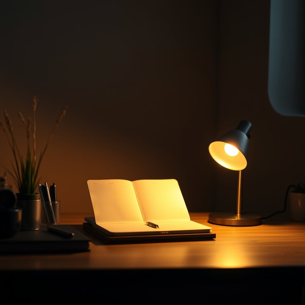 A clean, minimalist desk with a single warm task lamp illuminating a notebook in an otherwise dark room.
