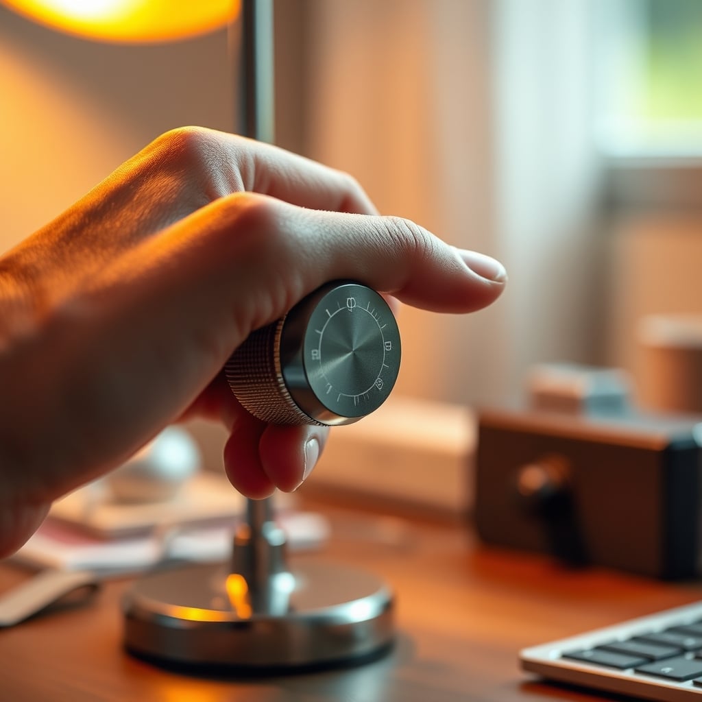 A close-up of a hand using a physical, textured metal dimmer knob on a desk lamp base.