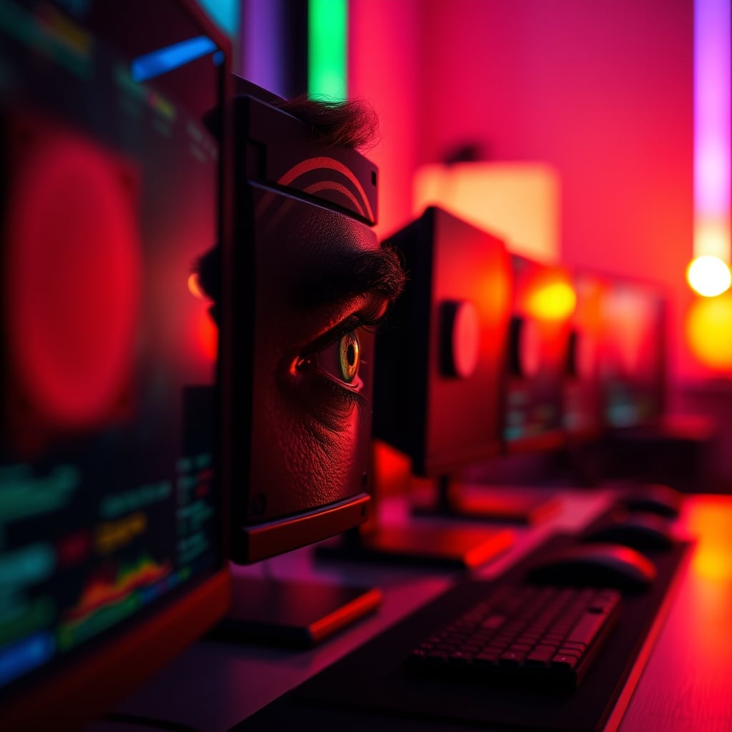 A person squinting in discomfort, their face lit by the conflicting blue light of a monitor and purple ambient glow from smart LEDs.