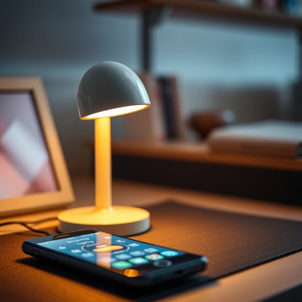 A clean desk with a single warm-white lamp, contrasted with a smartphone showing a confusing, overly complex smart lighting app.