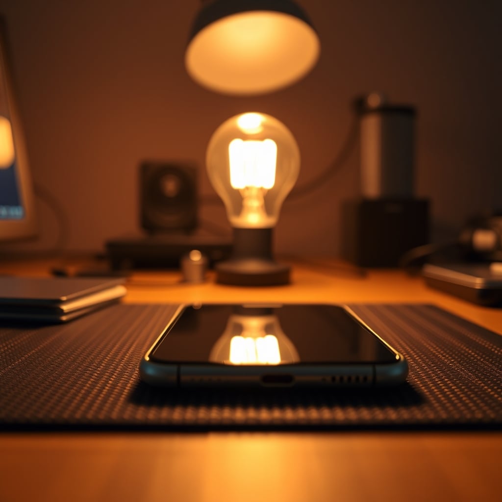 A smartphone screen showing a slow-motion video of an LED bulb, revealing visible scan lines and flicker.