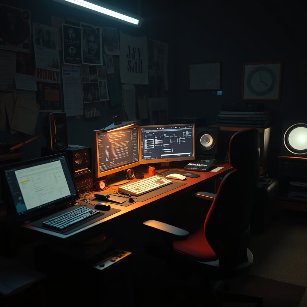 A visually overwhelming desk with multiple conflicting smart light sources creating a messy, overstimulating glow.