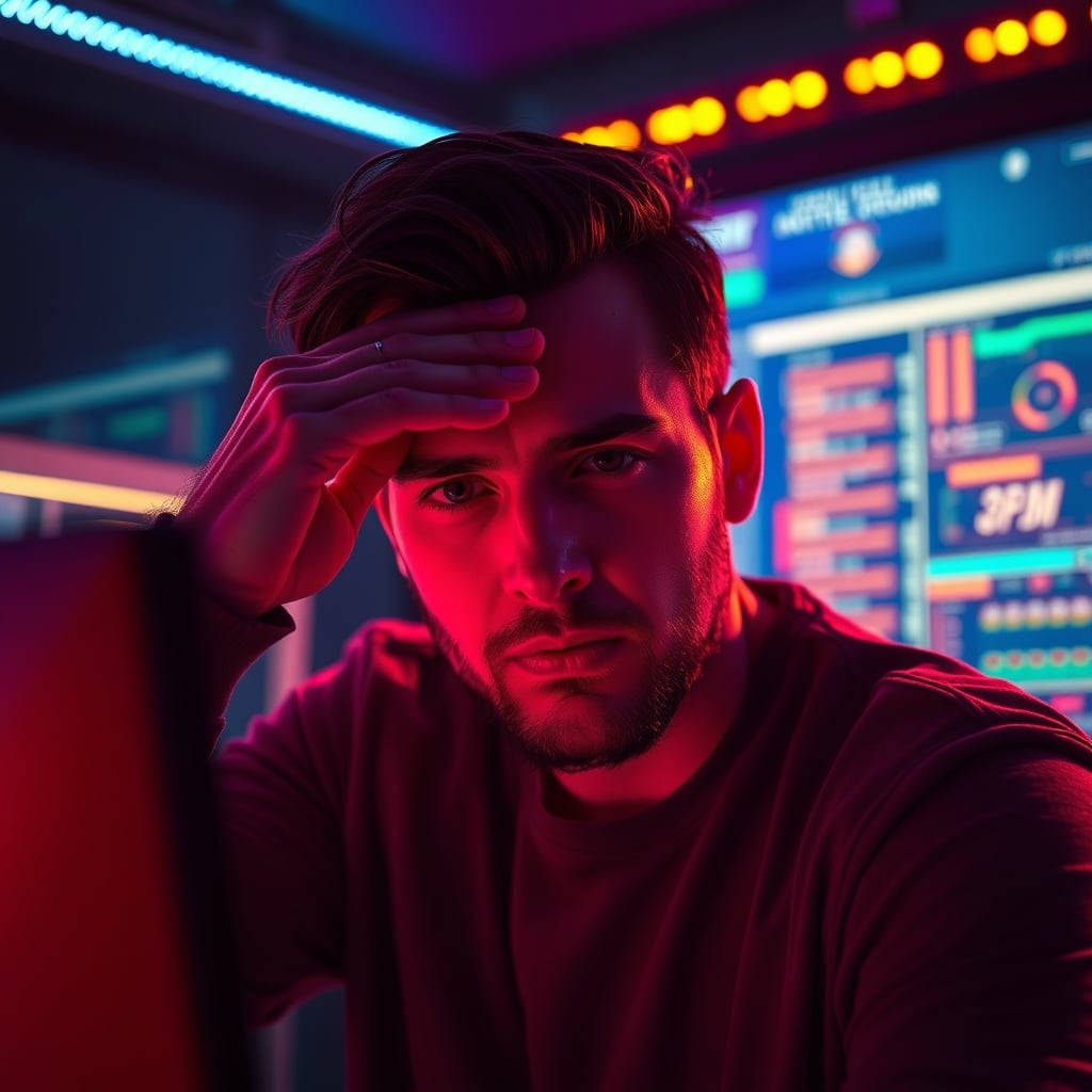 Person experiencing eye strain and fatigue at a desk with colorful smart lighting.