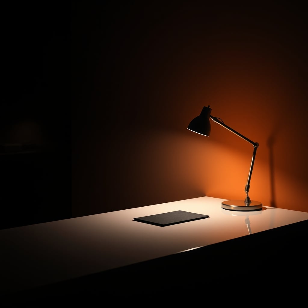 A calm, focused desk setup illuminated by only one high-quality task lamp.