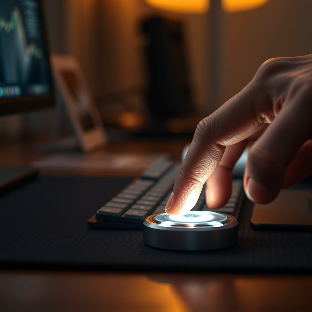 A hand pressing a tactile, physical smart button to instantly change the room's lighting scene.